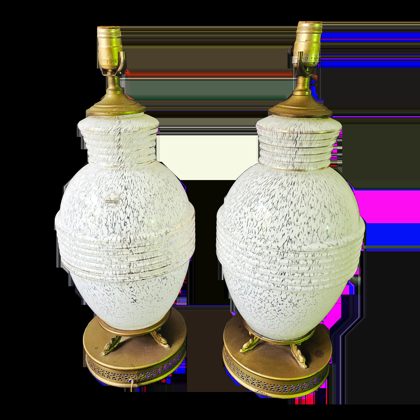 Signed Pair of Vintage Murano Mazzega Style Splatter Glass Table Lamps With Detailed Cutout and Dolphin Base